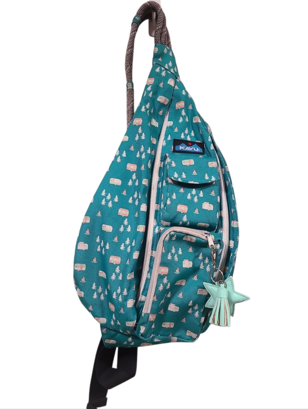 KAVU Rope Sling Bag Teal Camping Print Crossbody Backpack Hiking Travel Outdoors